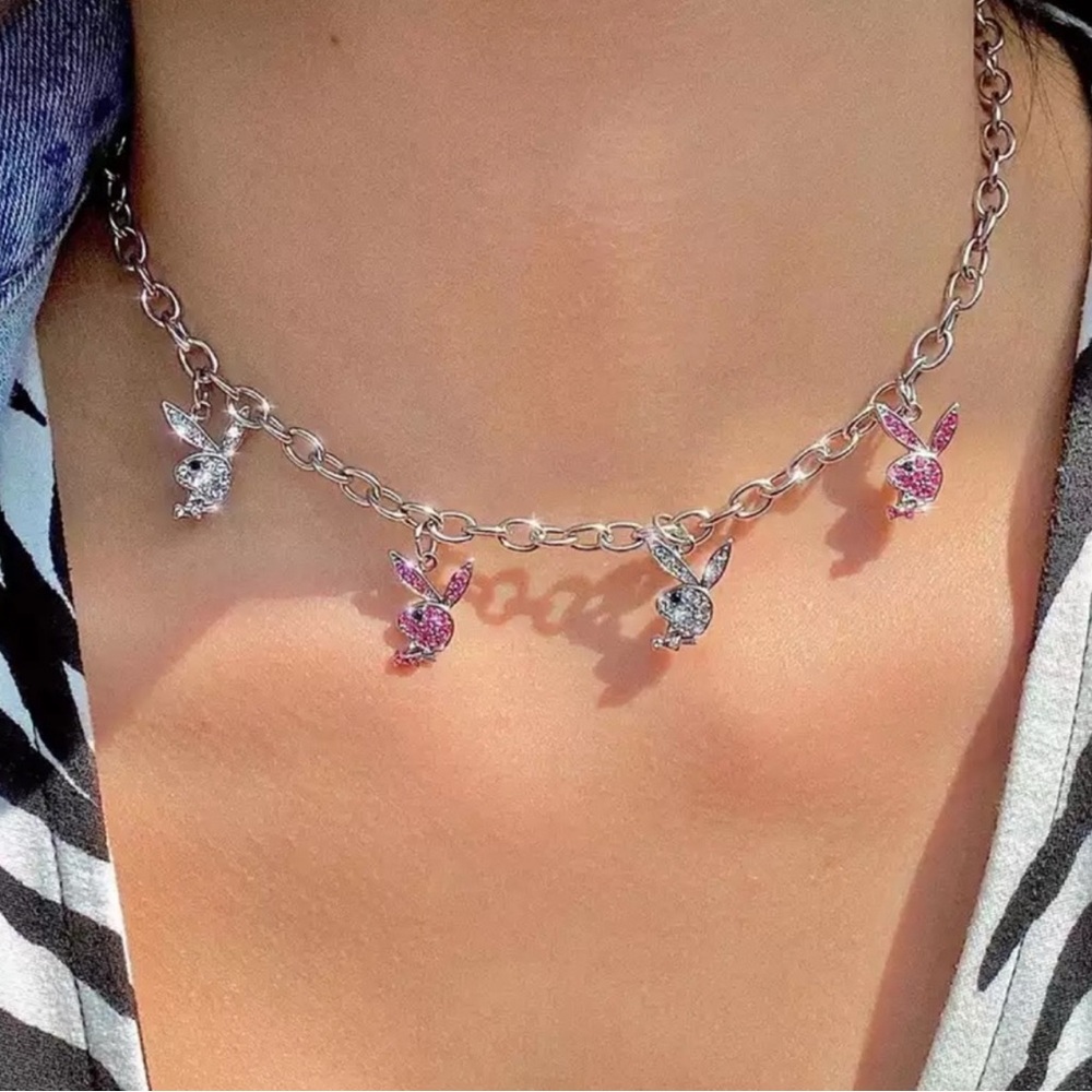 Silver and Pink Bunny Charm Necklace